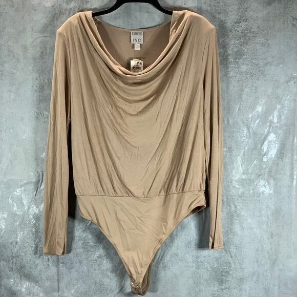 JEANNIE MAI X INC Women's Champagne Nude Cowl-Neck Long-Sleeve Bodysuit SZ L - Picture 1 of 9